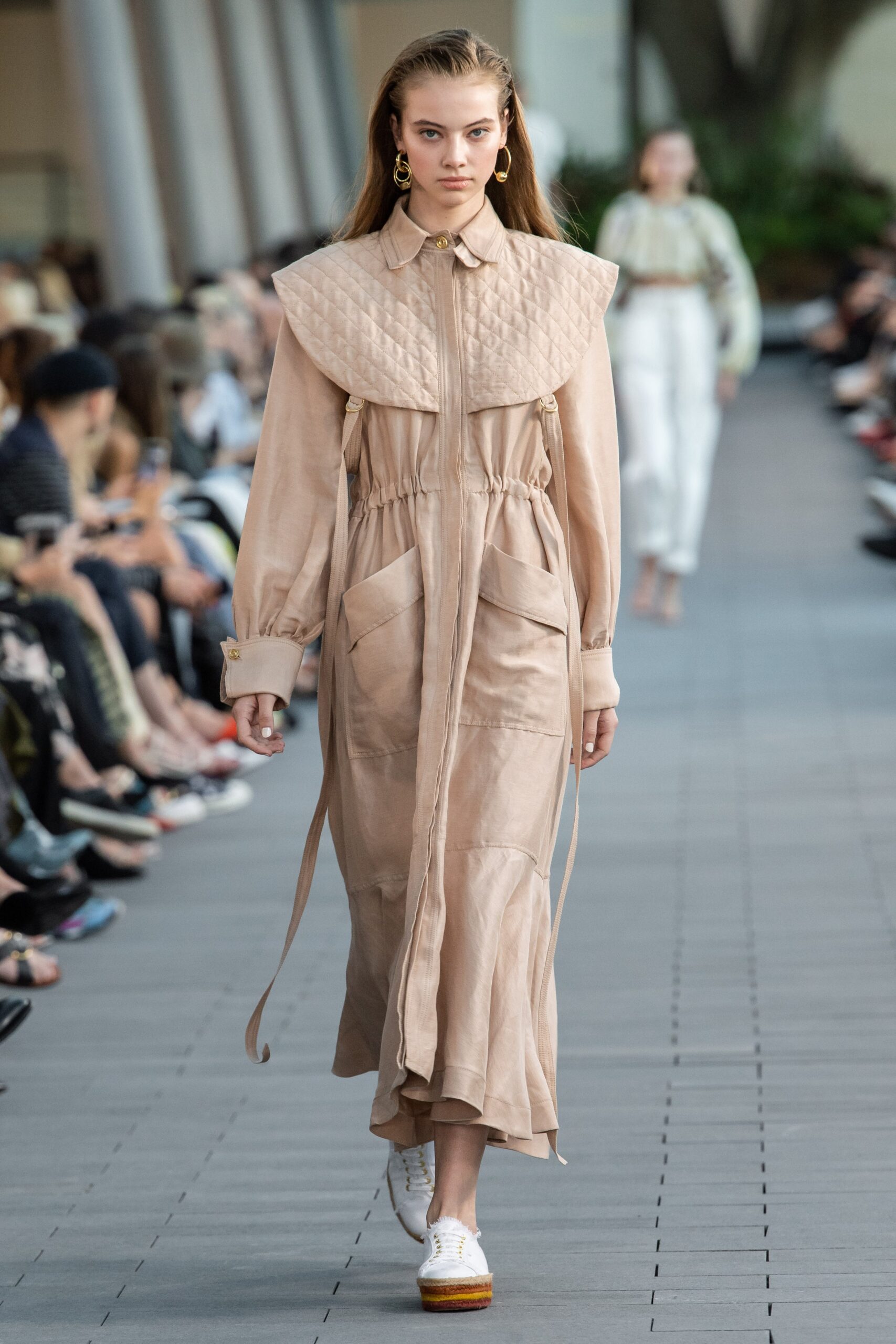 beige fitted long-sleeve dress