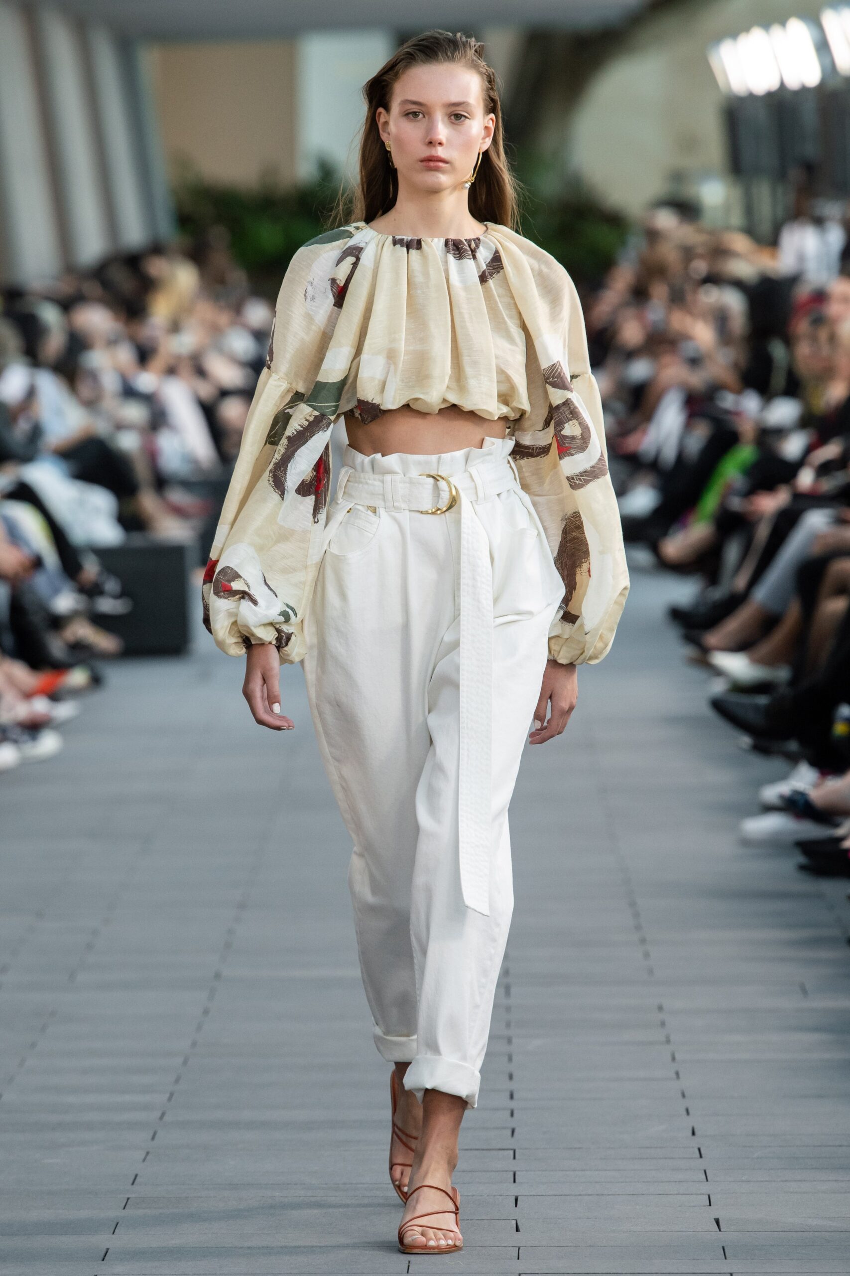 beige silk long-sleeve fitted pleated cropped top