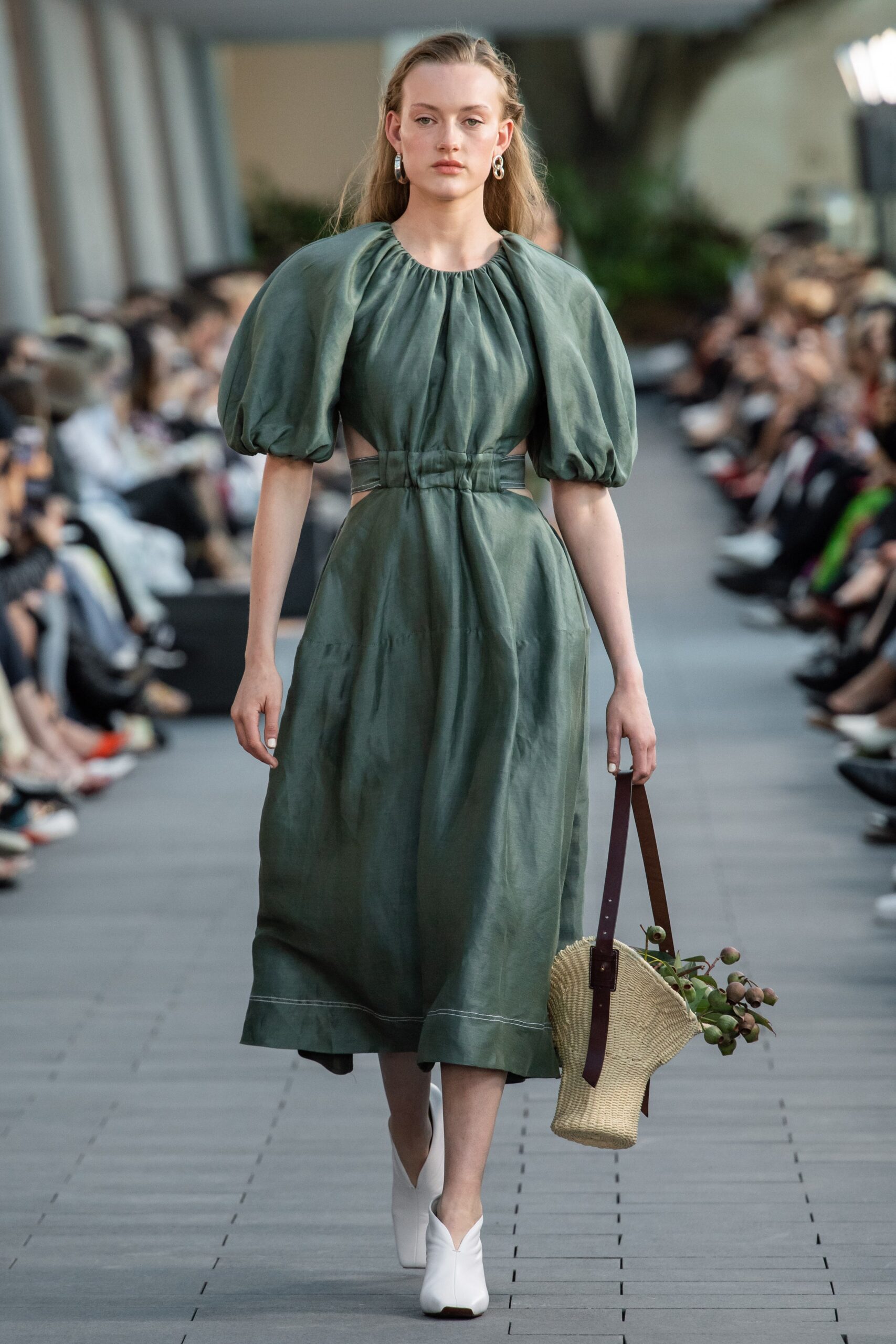 green silk midi dress with bag