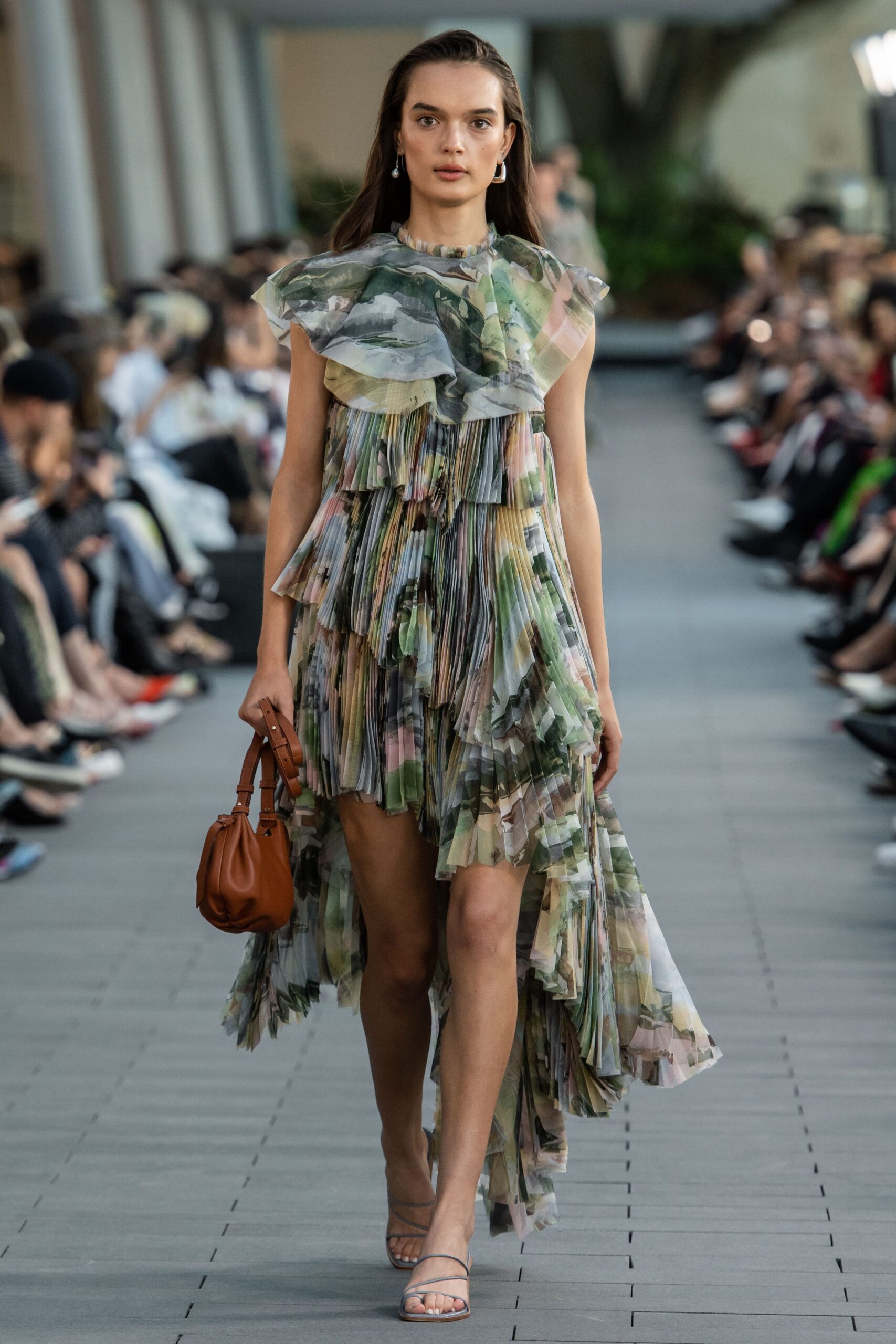 multi silk sleeveless high-neck fitted pleated layered dress