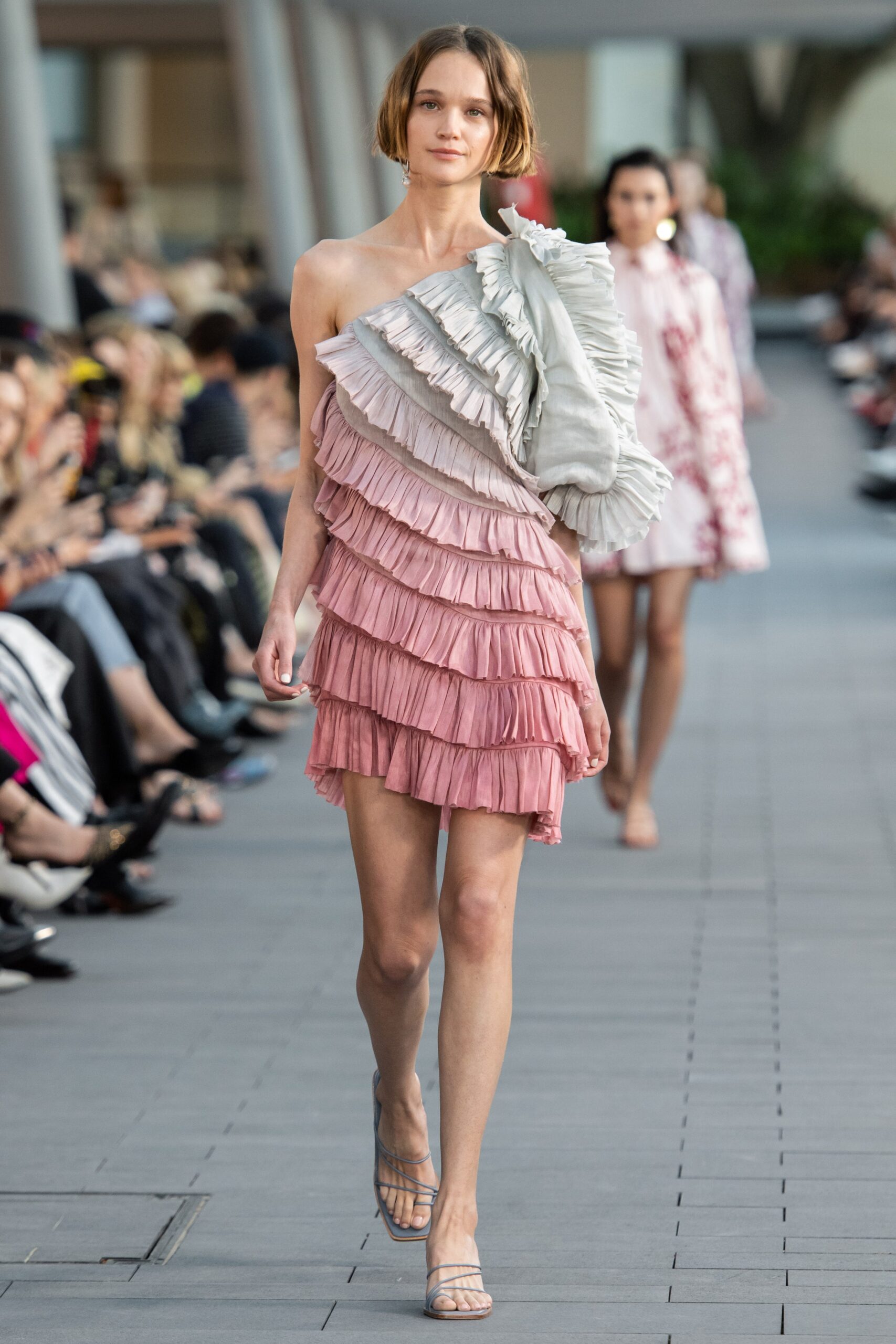 pink and gray ruffled mini dress