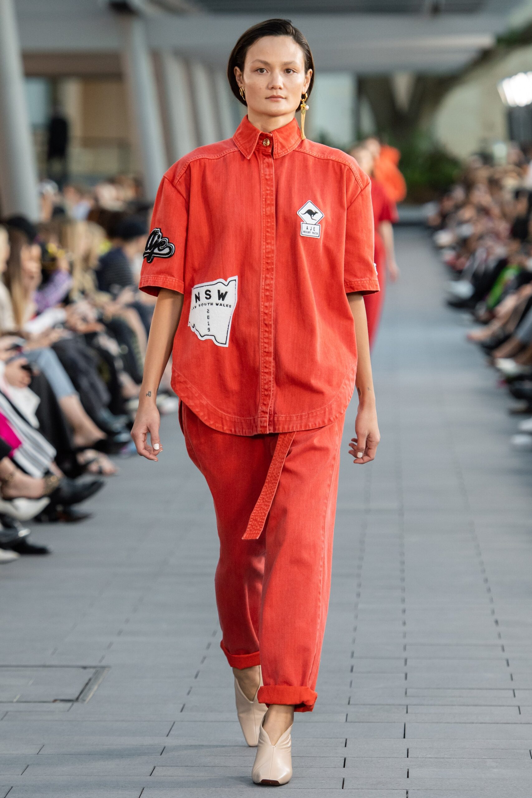 red denim short-sleeve collared relaxed buttoned embroidered shirt