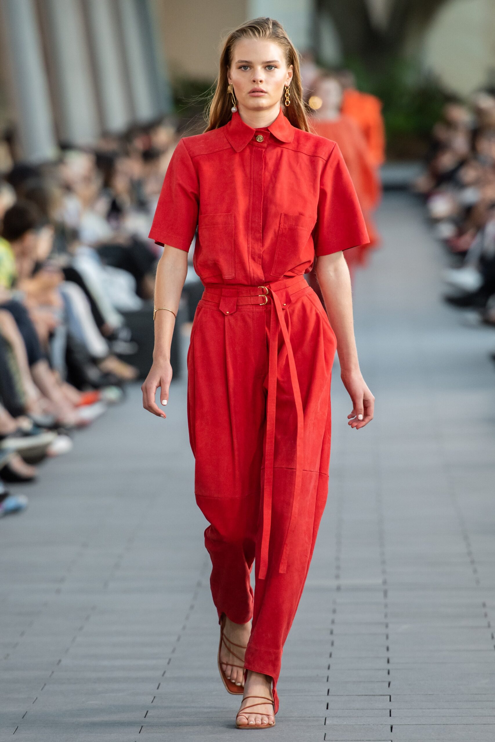 red fitted short-sleeve jumpsuit
