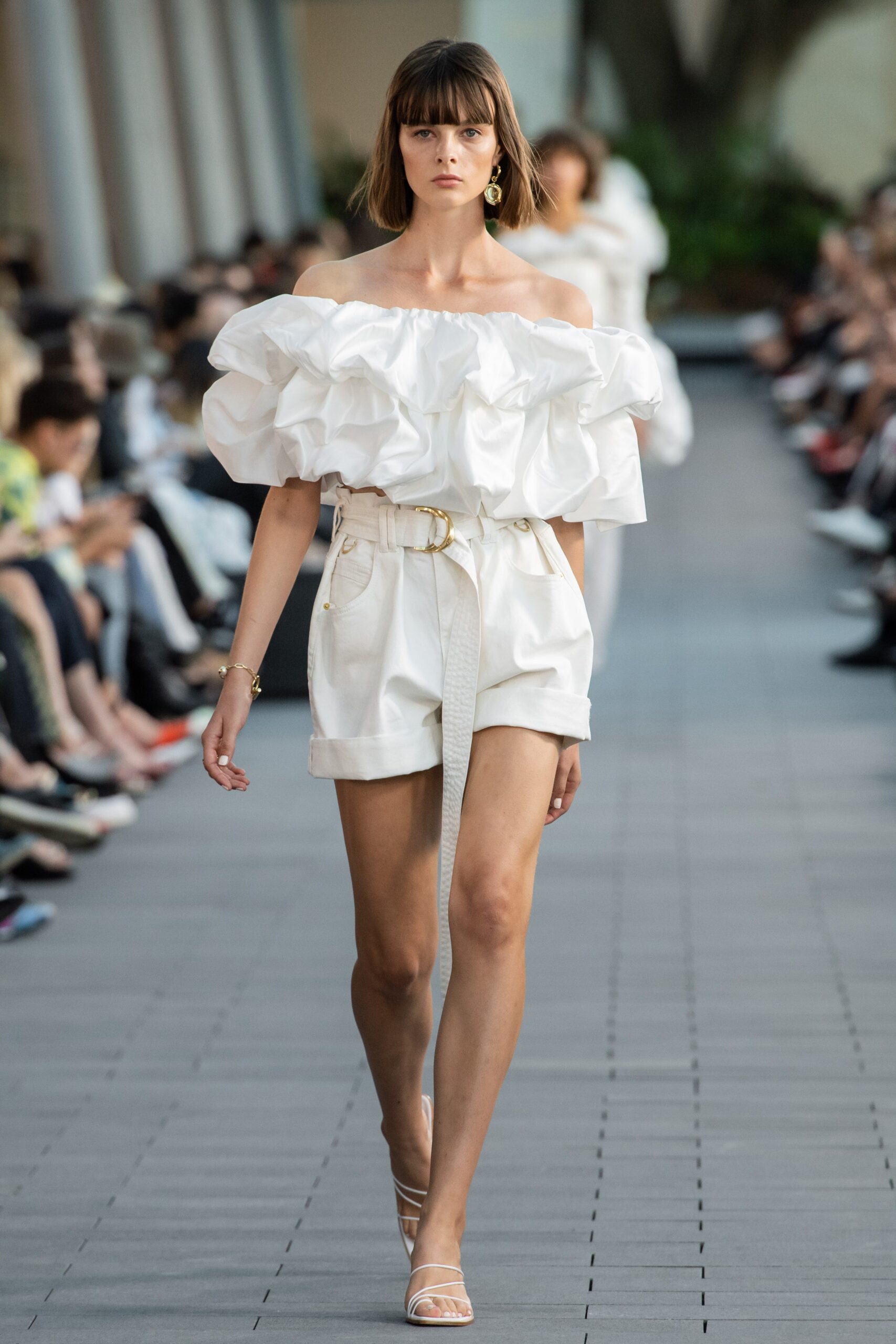 white ruffled off-shoulder top and shorts