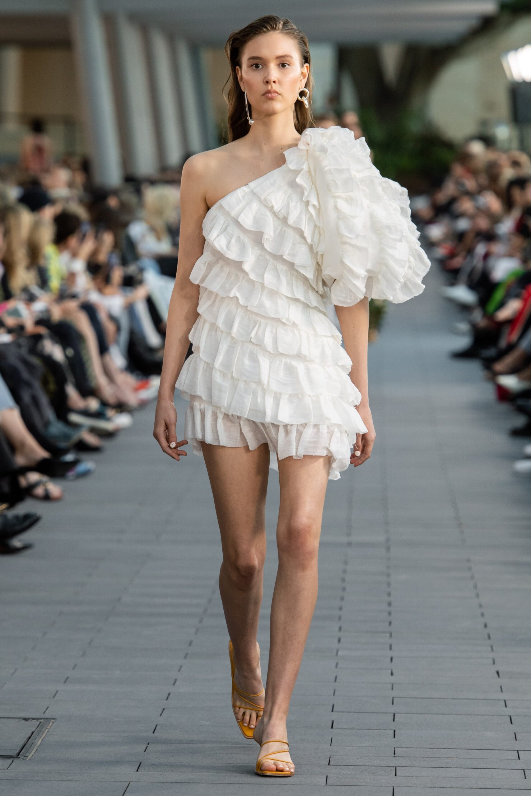 white ruffled off-shoulder dress