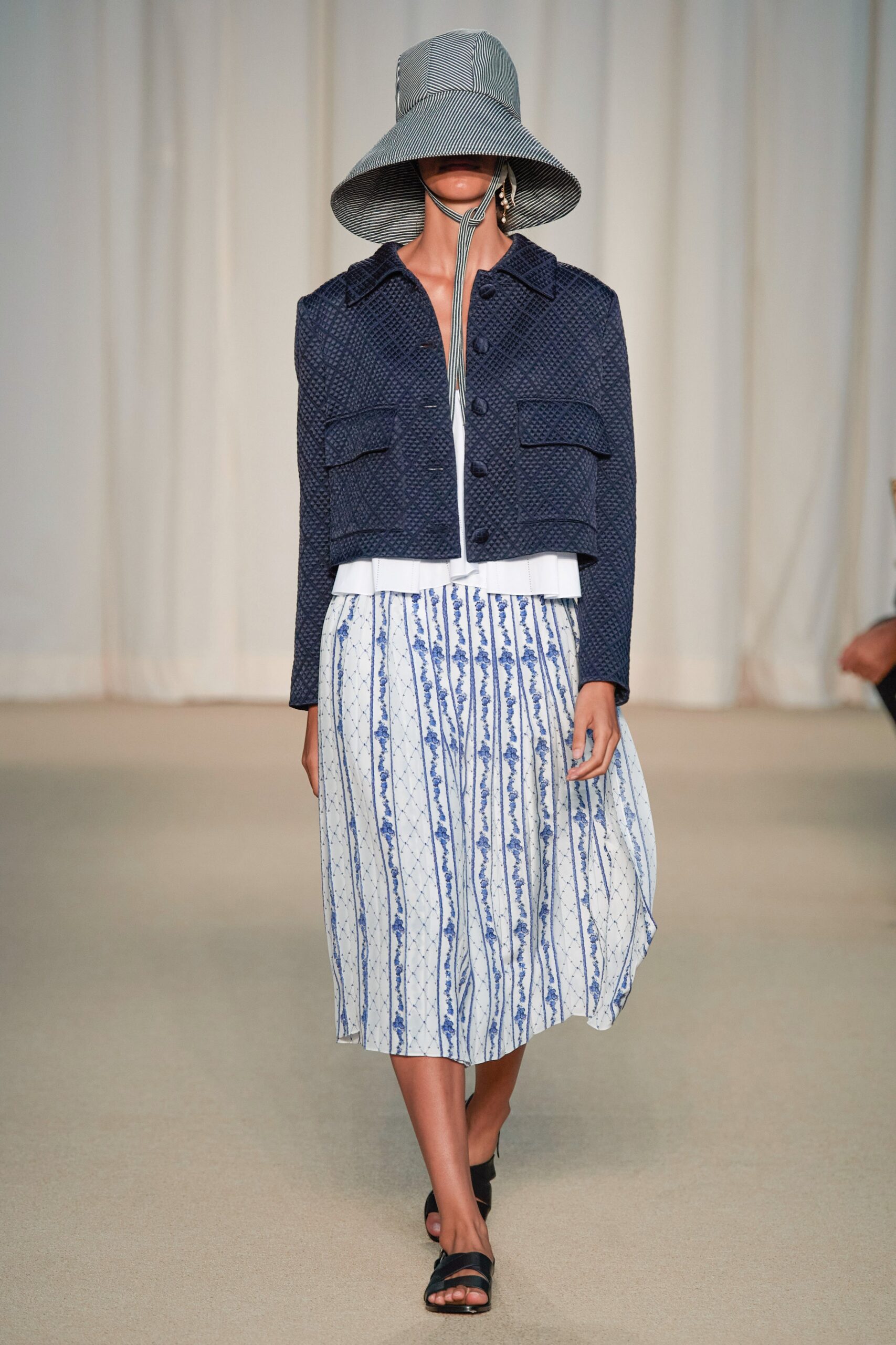 blue cotton jacket and midi dress