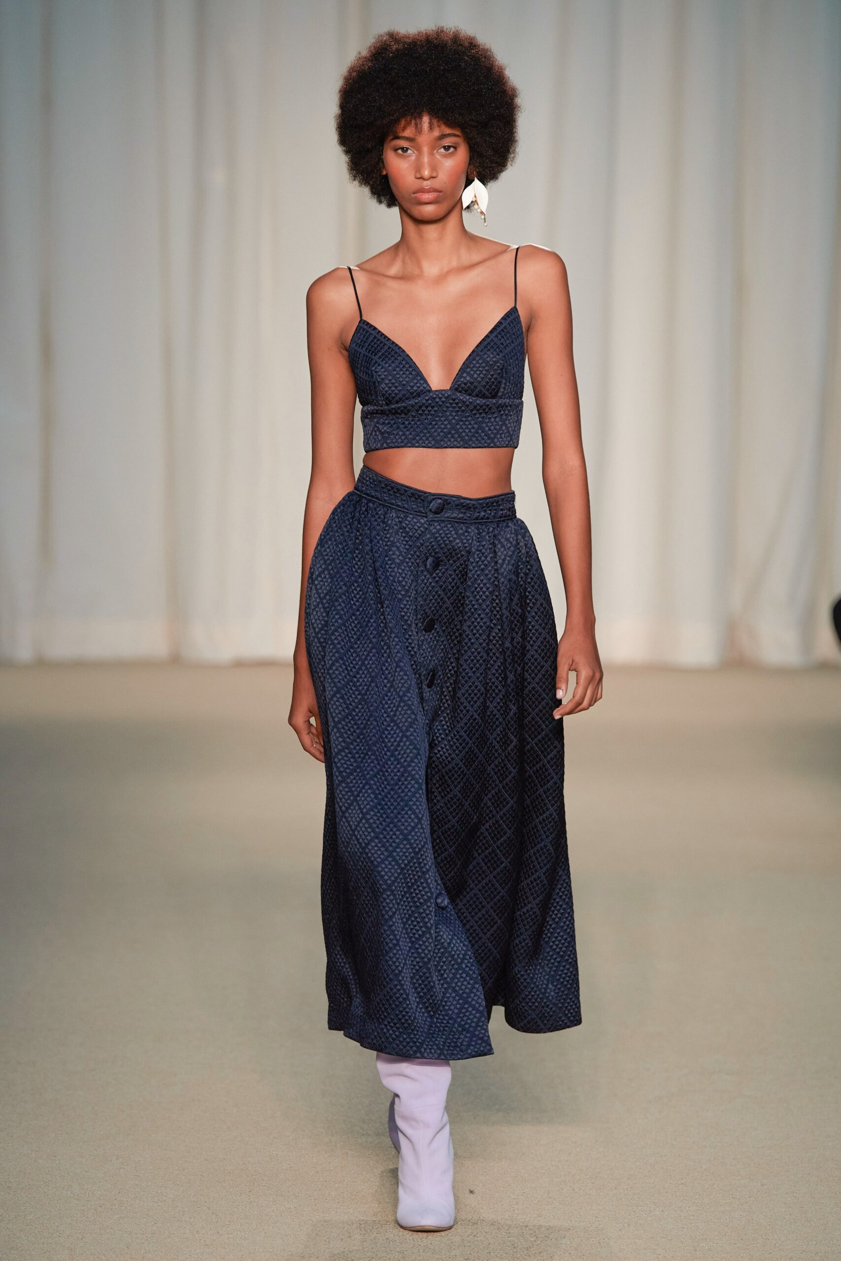 blue silk top and midi skirt