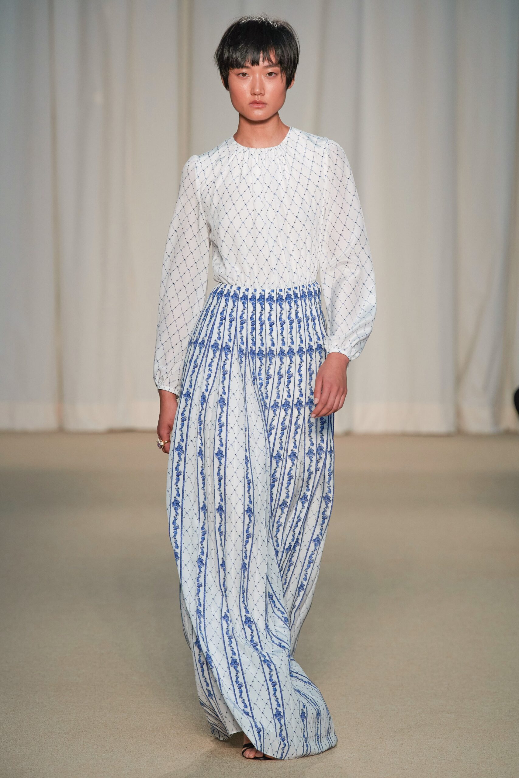 white and blue pleated maxi dress