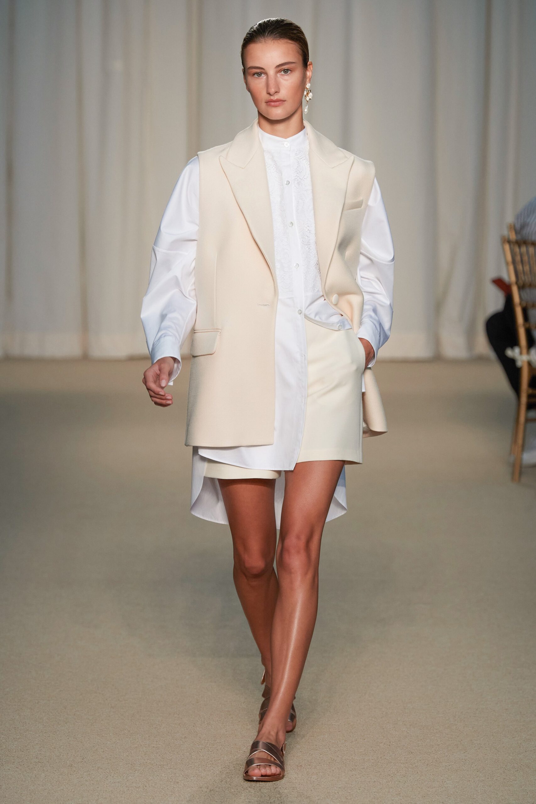 beige blazer white shirt skirt