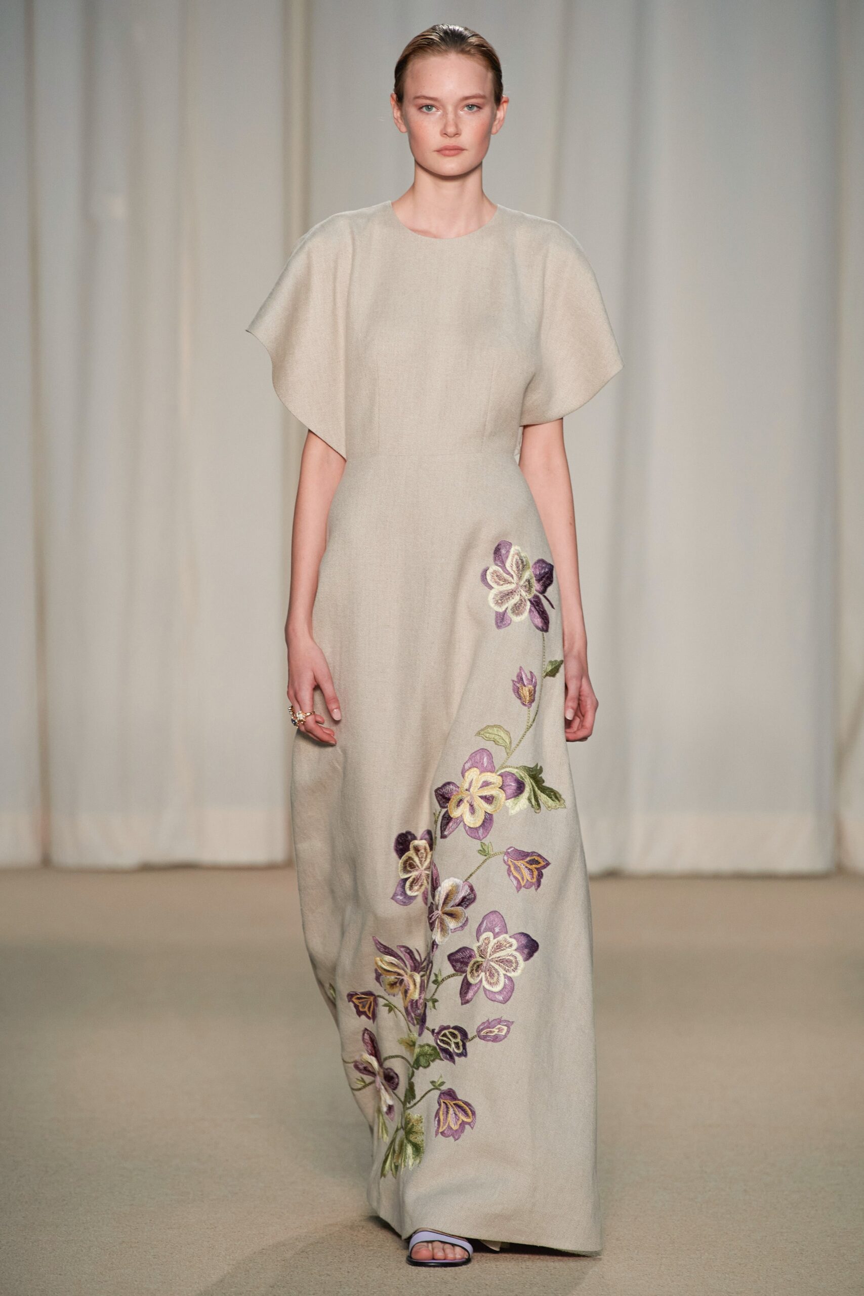 beige linen embroidered gown