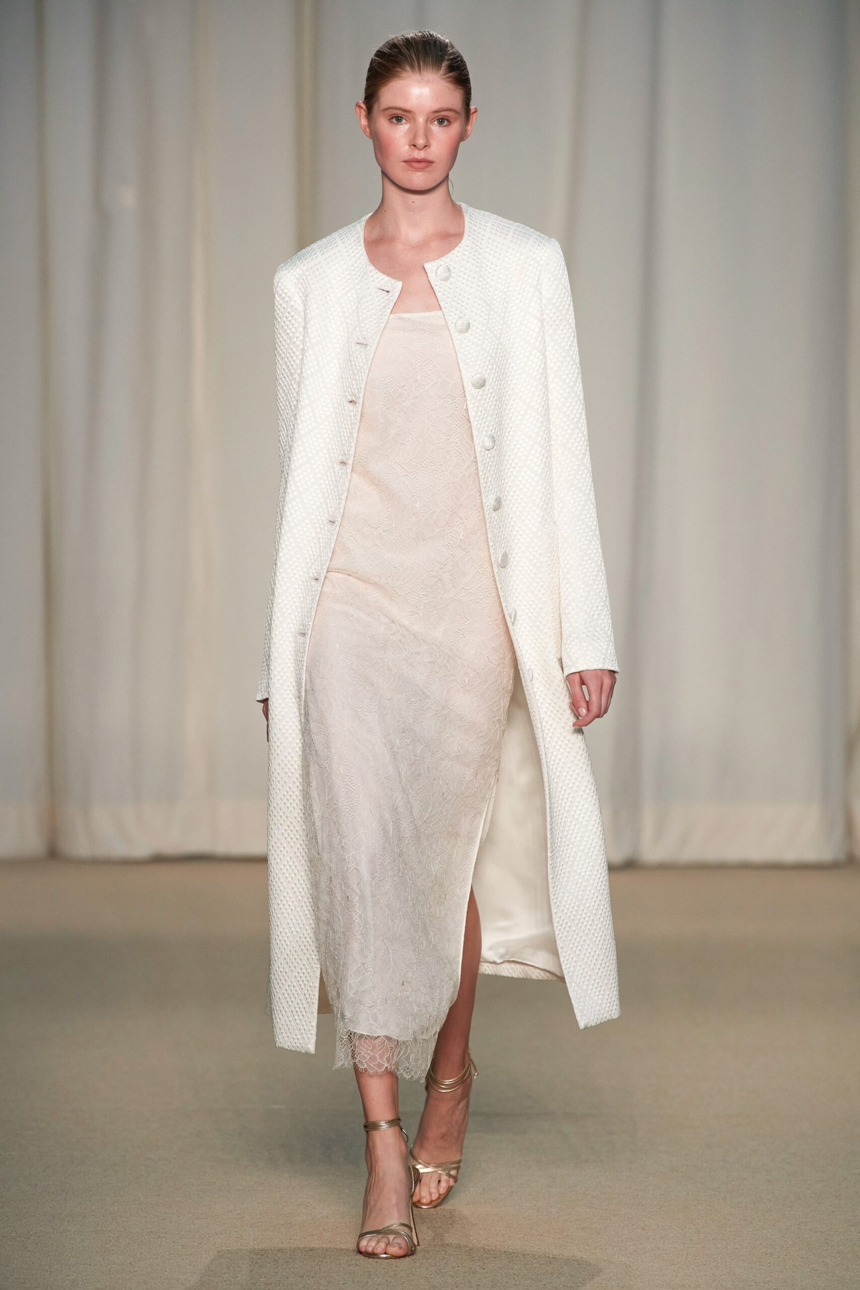 white coat beige lace dress