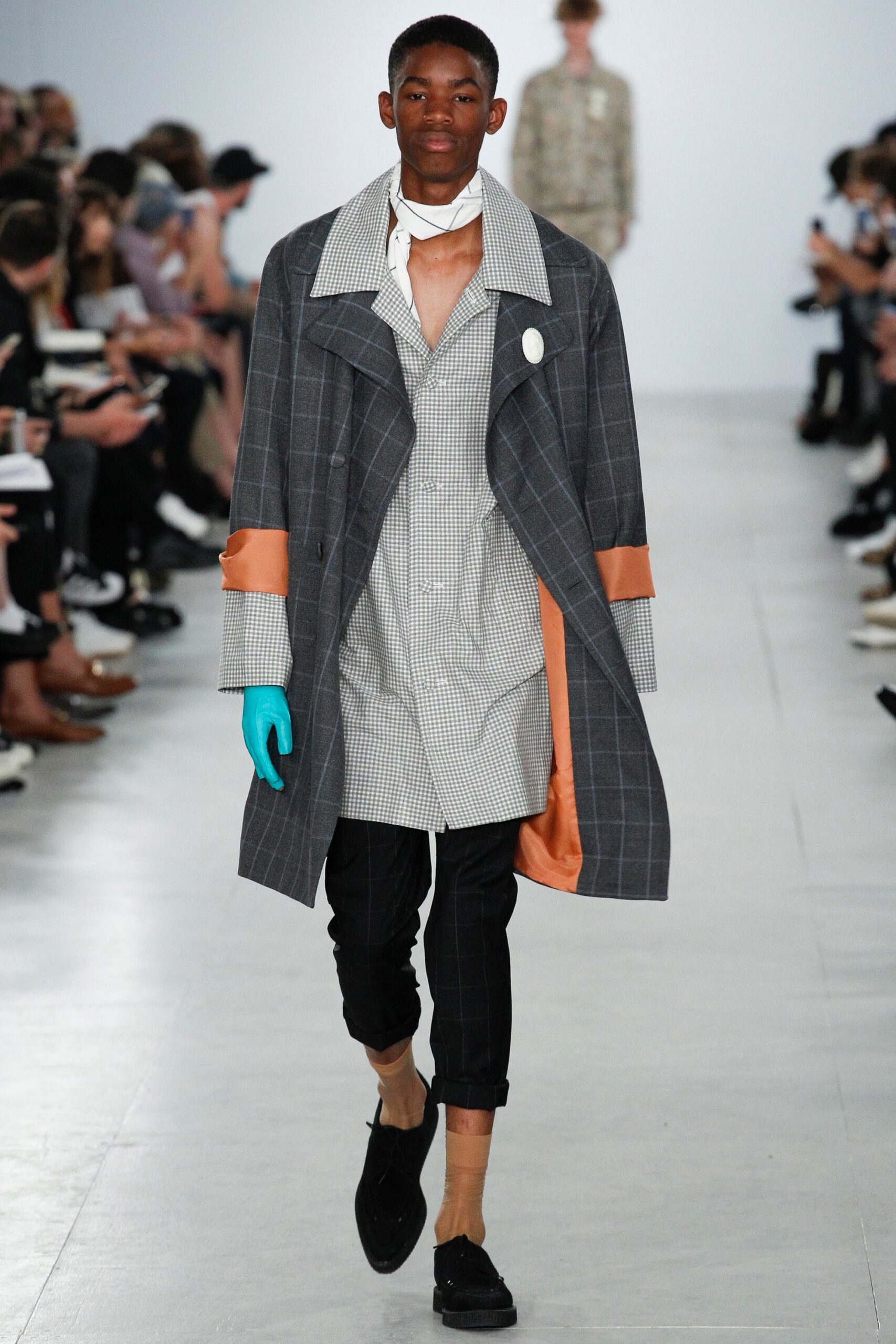 gray relaxed coat with checked shirt