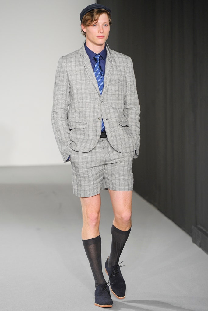 gray tailored suit with shorts