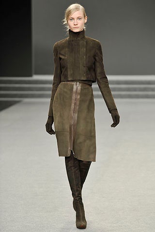 brown suede fitted jacket and skirt