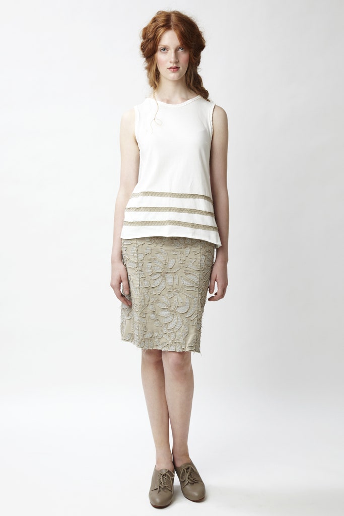 white fitted top with beige skirt