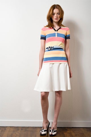 striped top and white a-line skirt