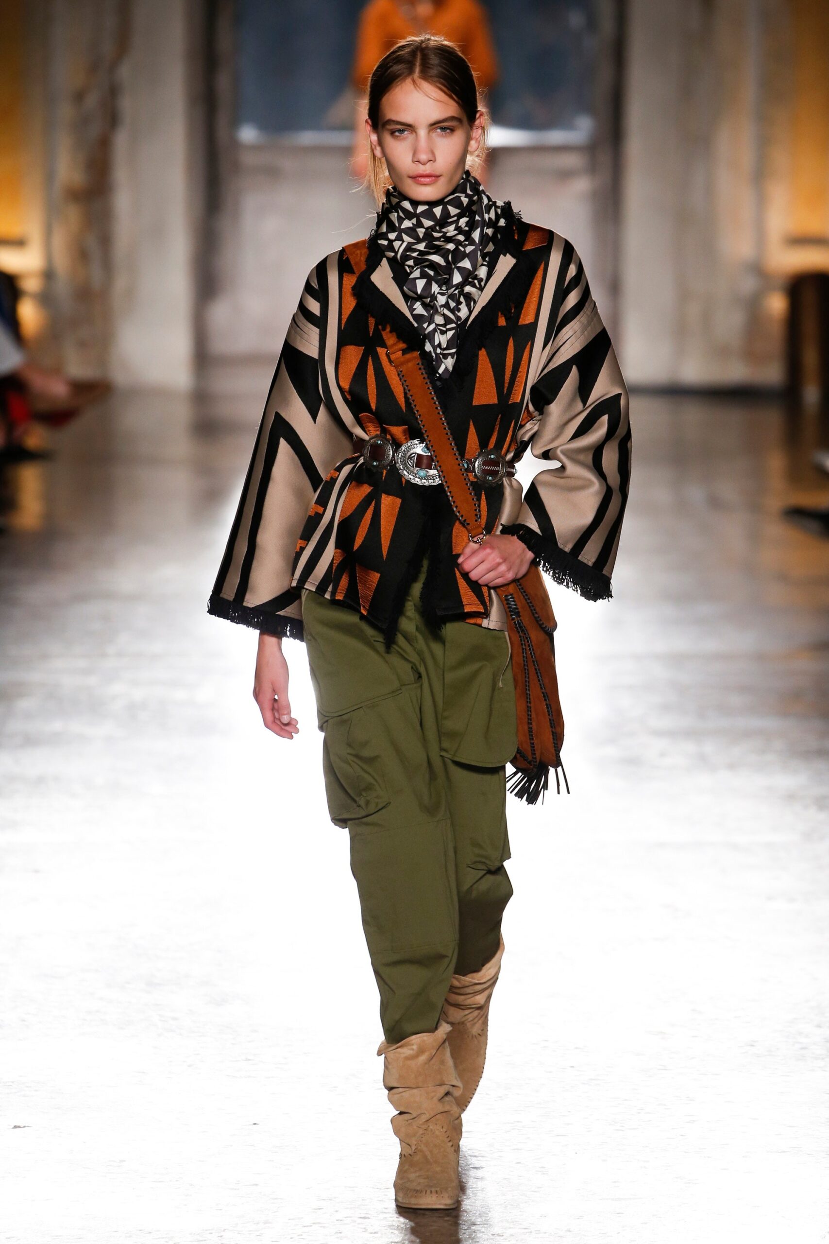 beige long-sleeve relaxed fringed printed poncho