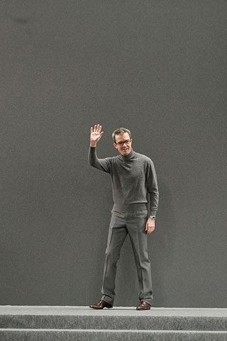 gray wool fitted sweater and tailored pants