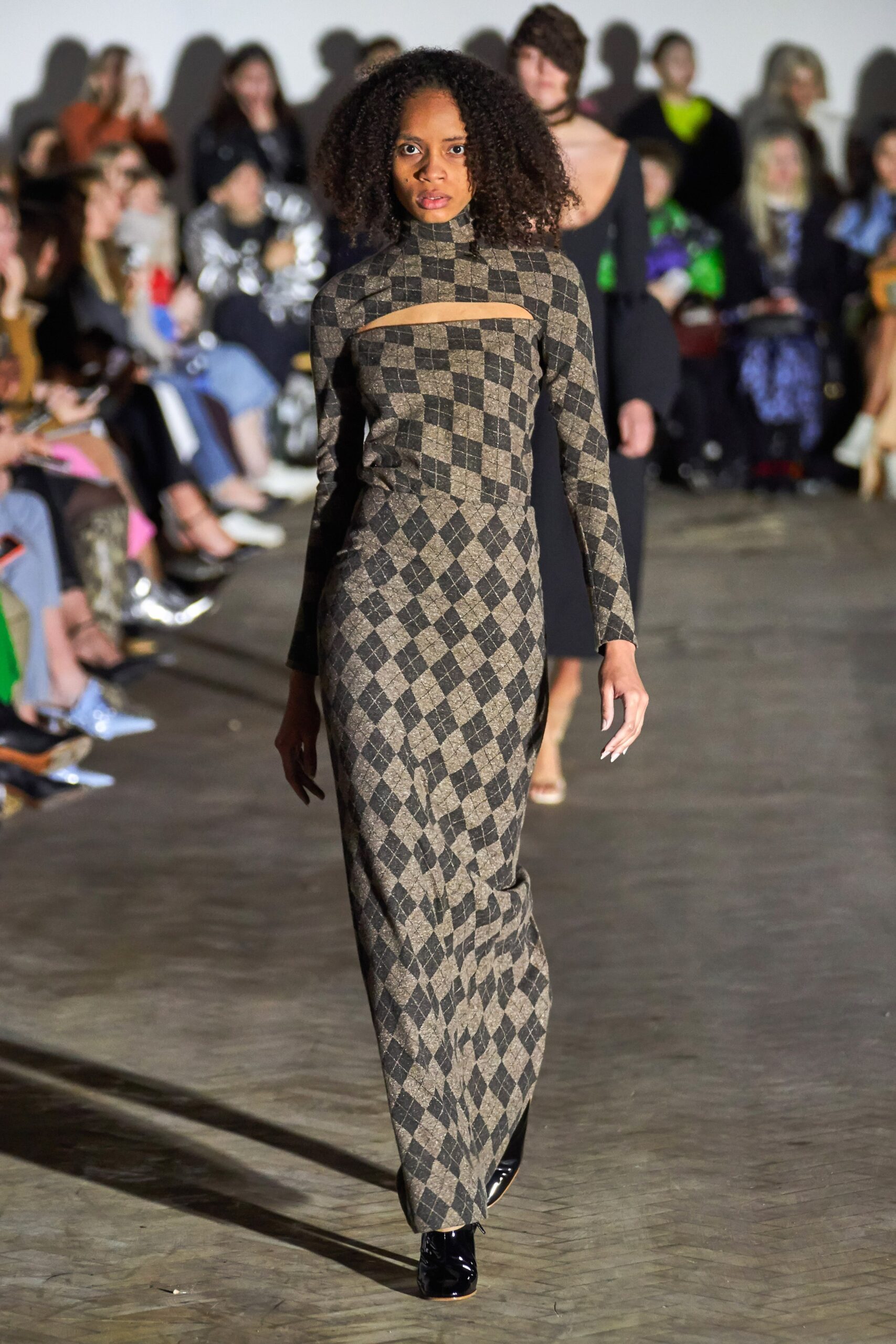 fitted brown and black checked dress