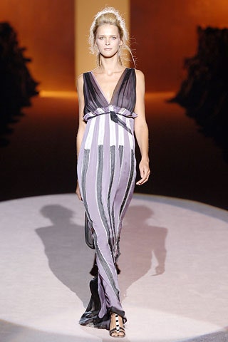 purple and black striped gown