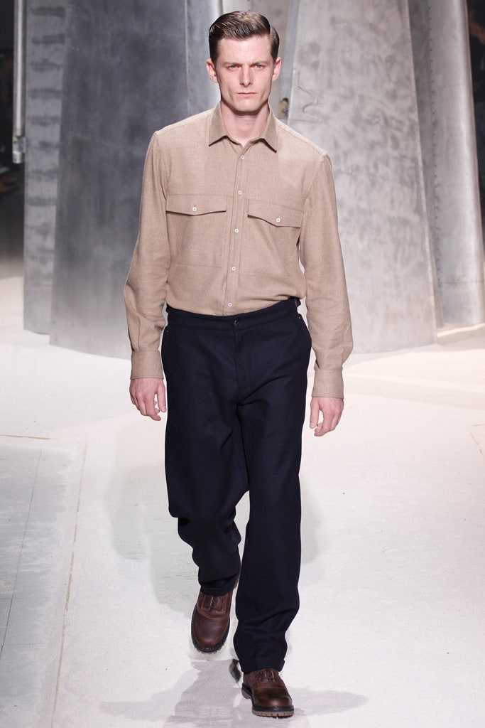 beige cotton shirt with navy pants