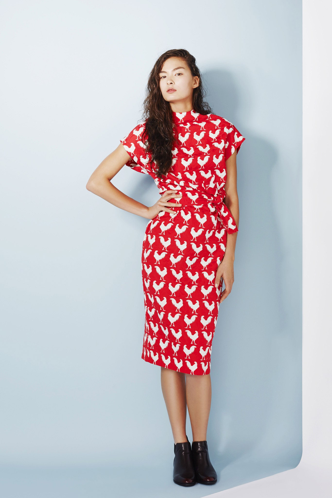 red and white printed midi dress