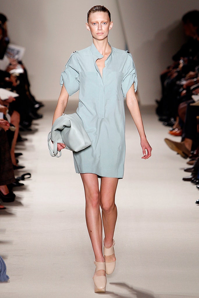 blue cotton mini dress with gray bag