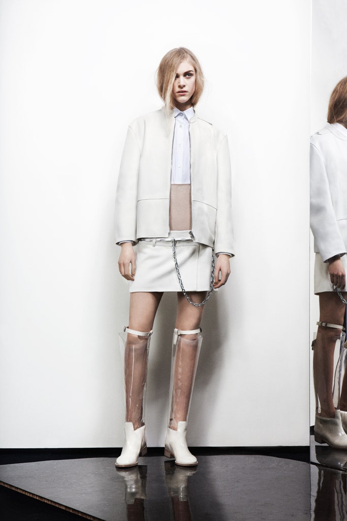 white leather jacket and skirt