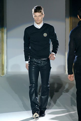 black leather fitted straight-leg pants