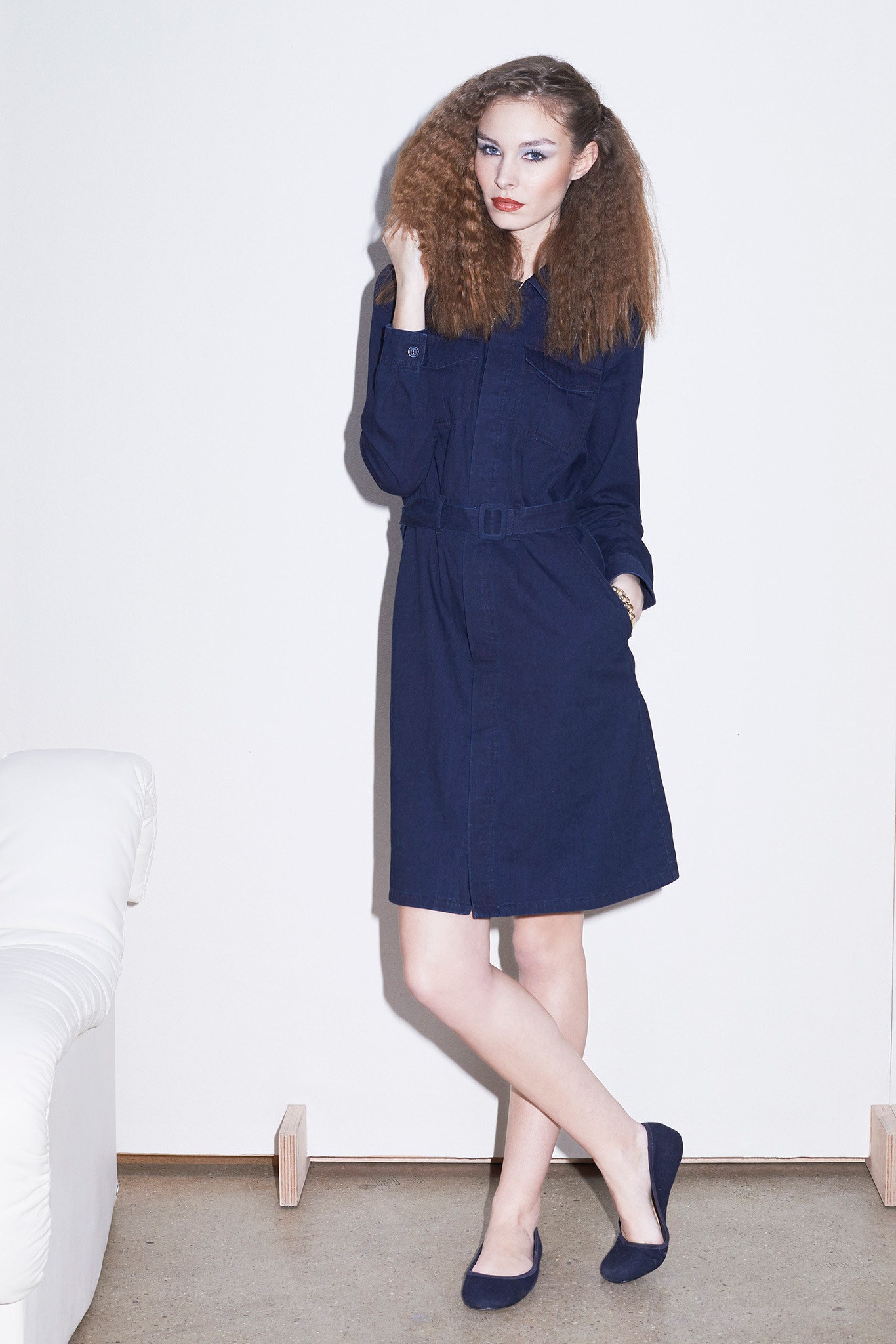 blue cotton belted shirt-dress