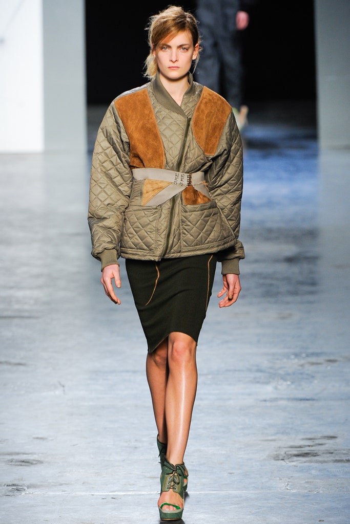 brown gray quilted jacket with green skirt