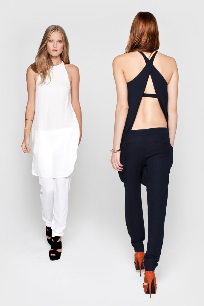 white cotton sleeveless high-neck fitted straight-leg midi dress