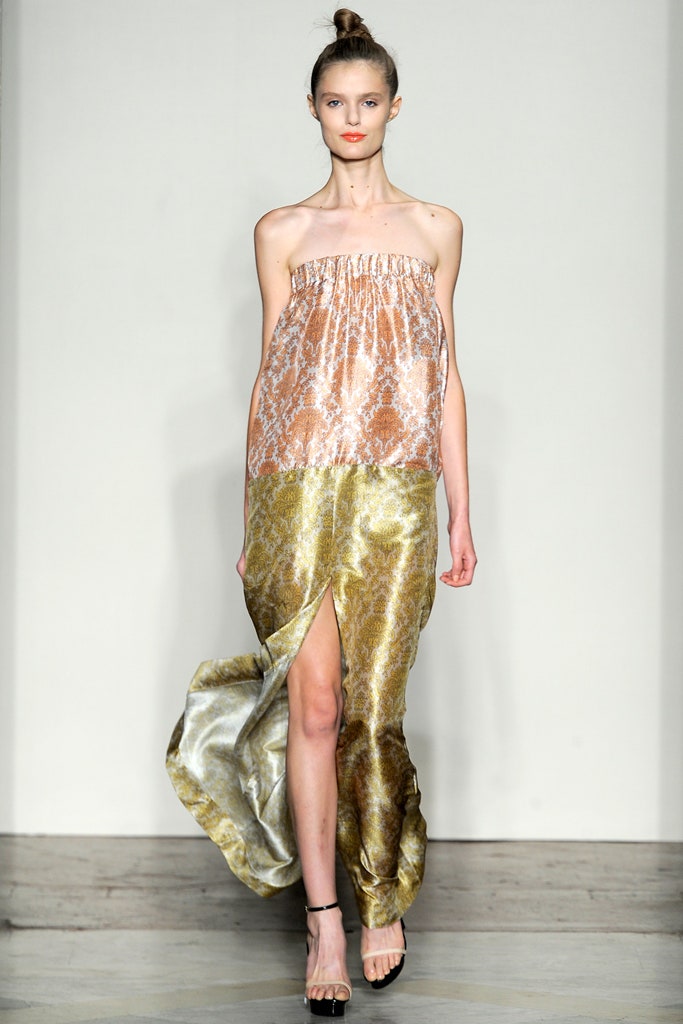 gold pink strapless flowing dress