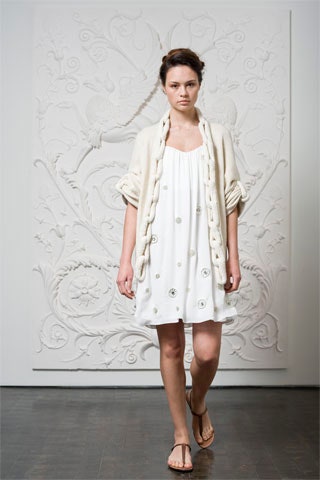 white relaxed dress with beige cardigan