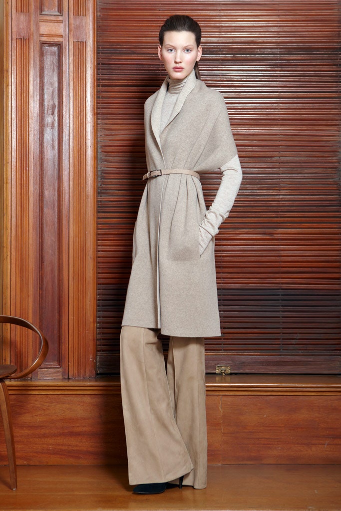 beige wool long-sleeve collared relaxed belted pockets coat