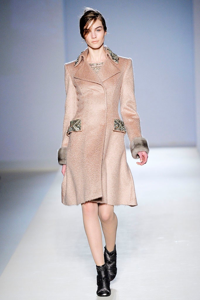 beige wool long-sleeve collared fitted buttoned flared coat
