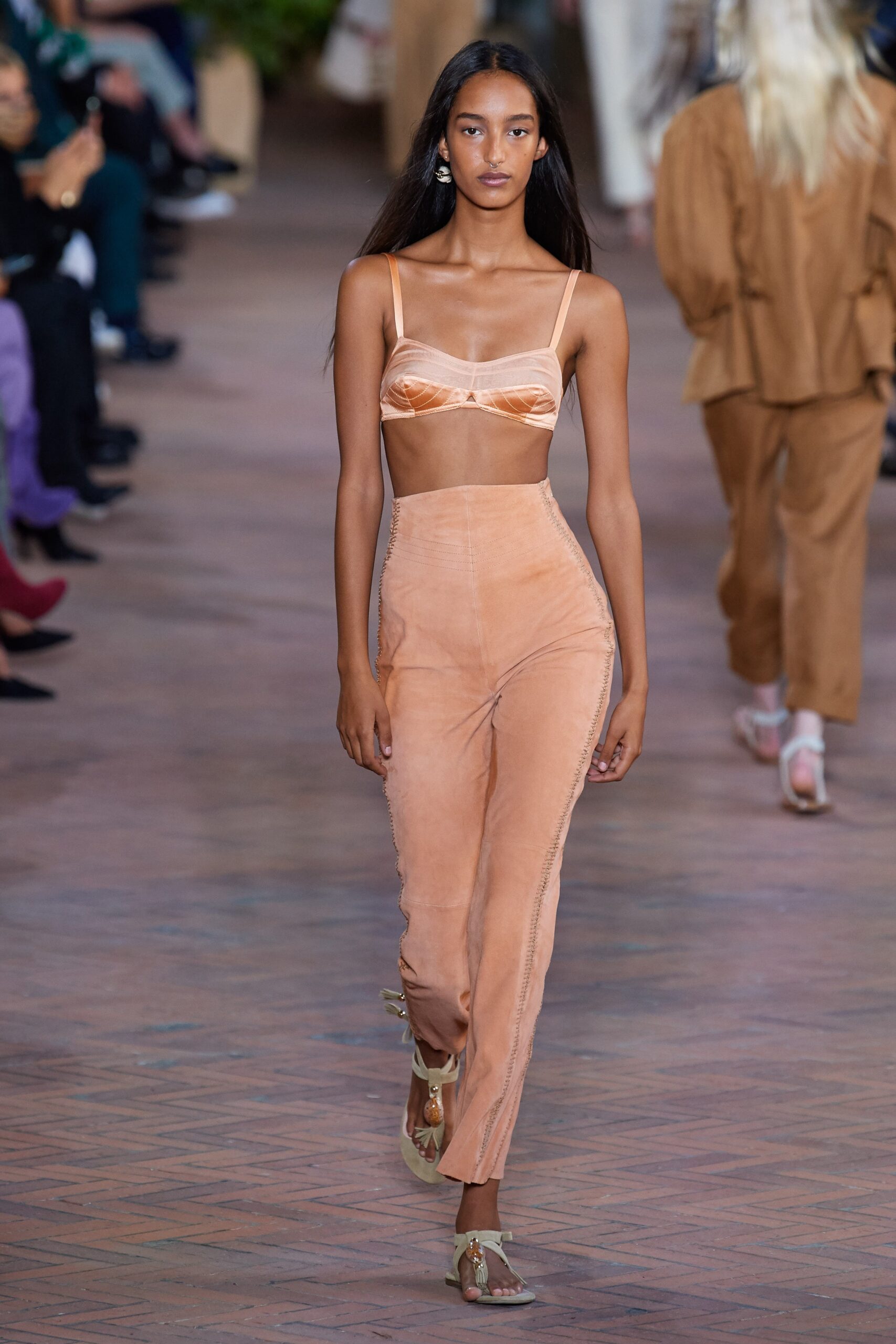 peach silk fitted top and pants