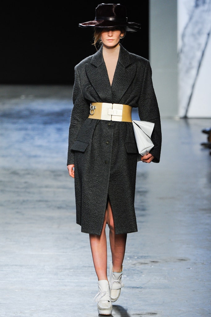 gray wool long-sleeve collared tailored buttoned belted coat
