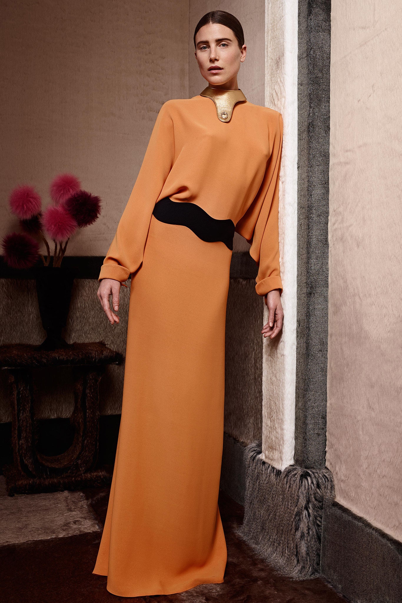 orange silk fitted gown