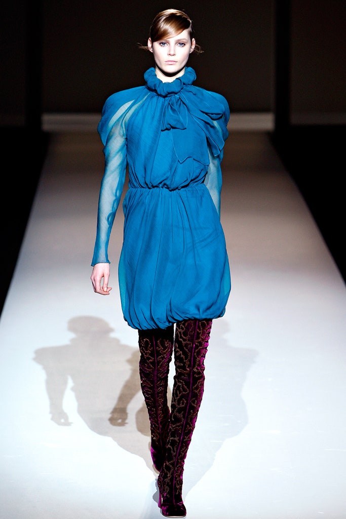 blue silk draped mini dress with black velvet pants