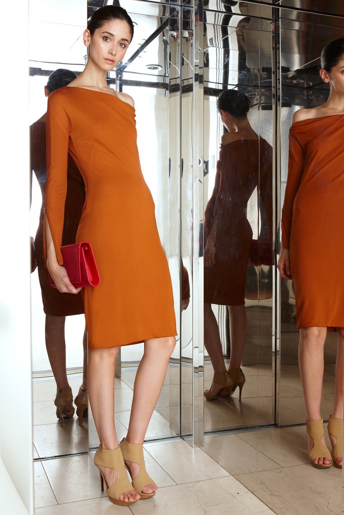 orange silk long-sleeve off-shoulder fitted straight-leg midi dress