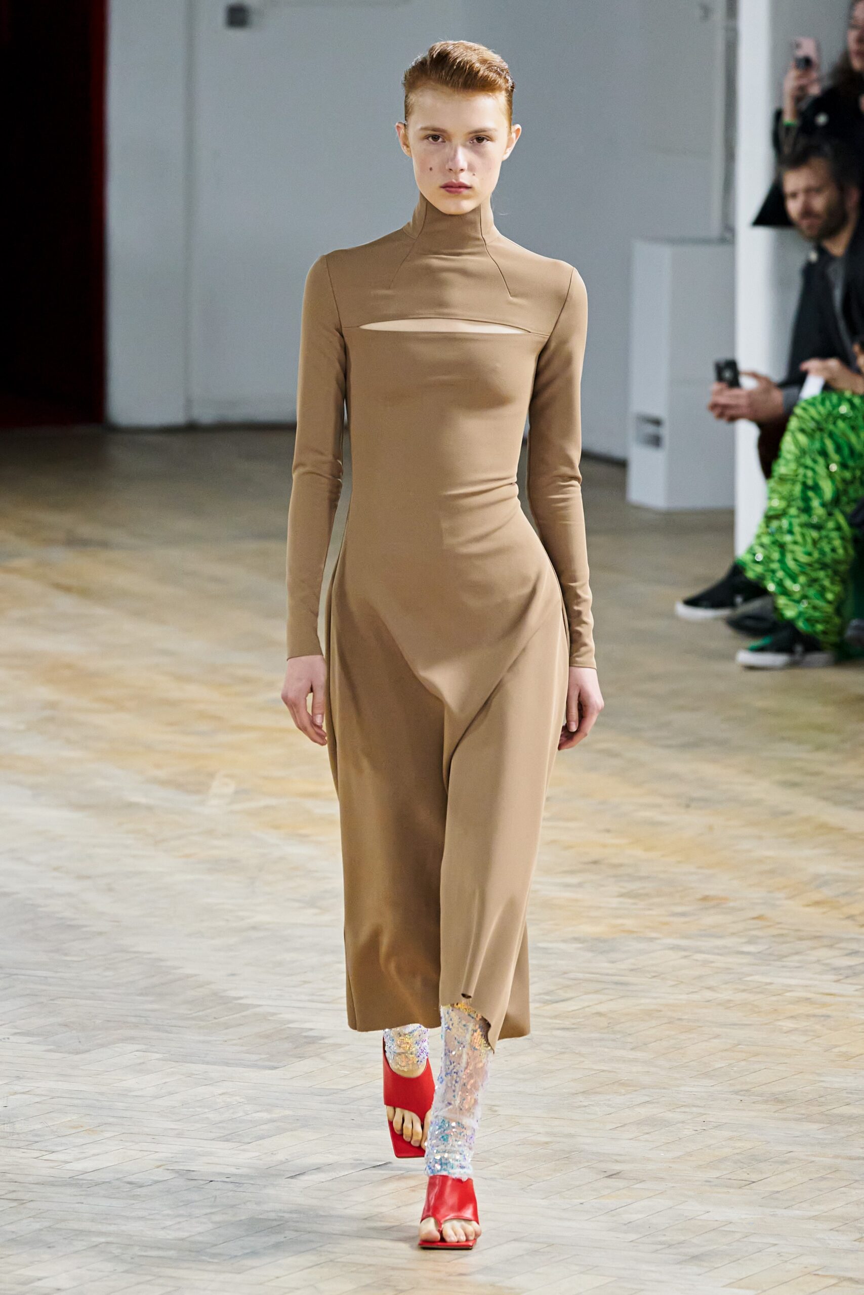 beige jersey long-sleeve high-neck fitted straight-leg midi dress