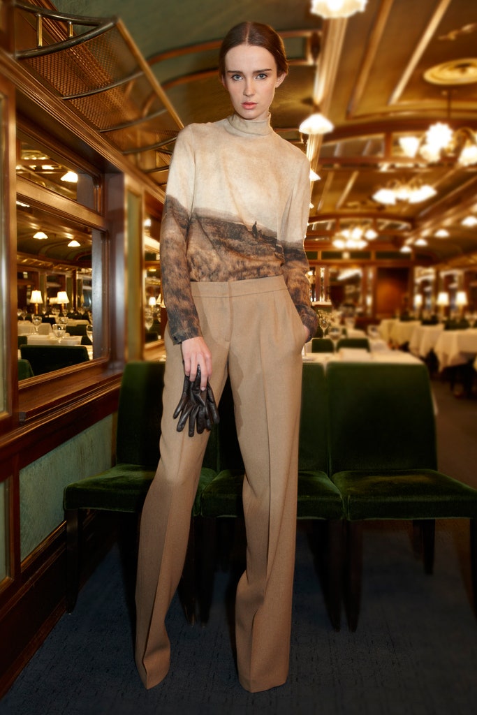 beige wool long-sleeve high-neck fitted layered top