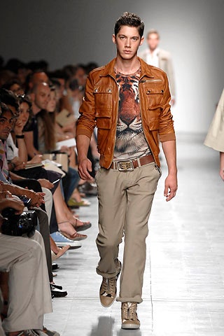brown leather jacket with printed shirt