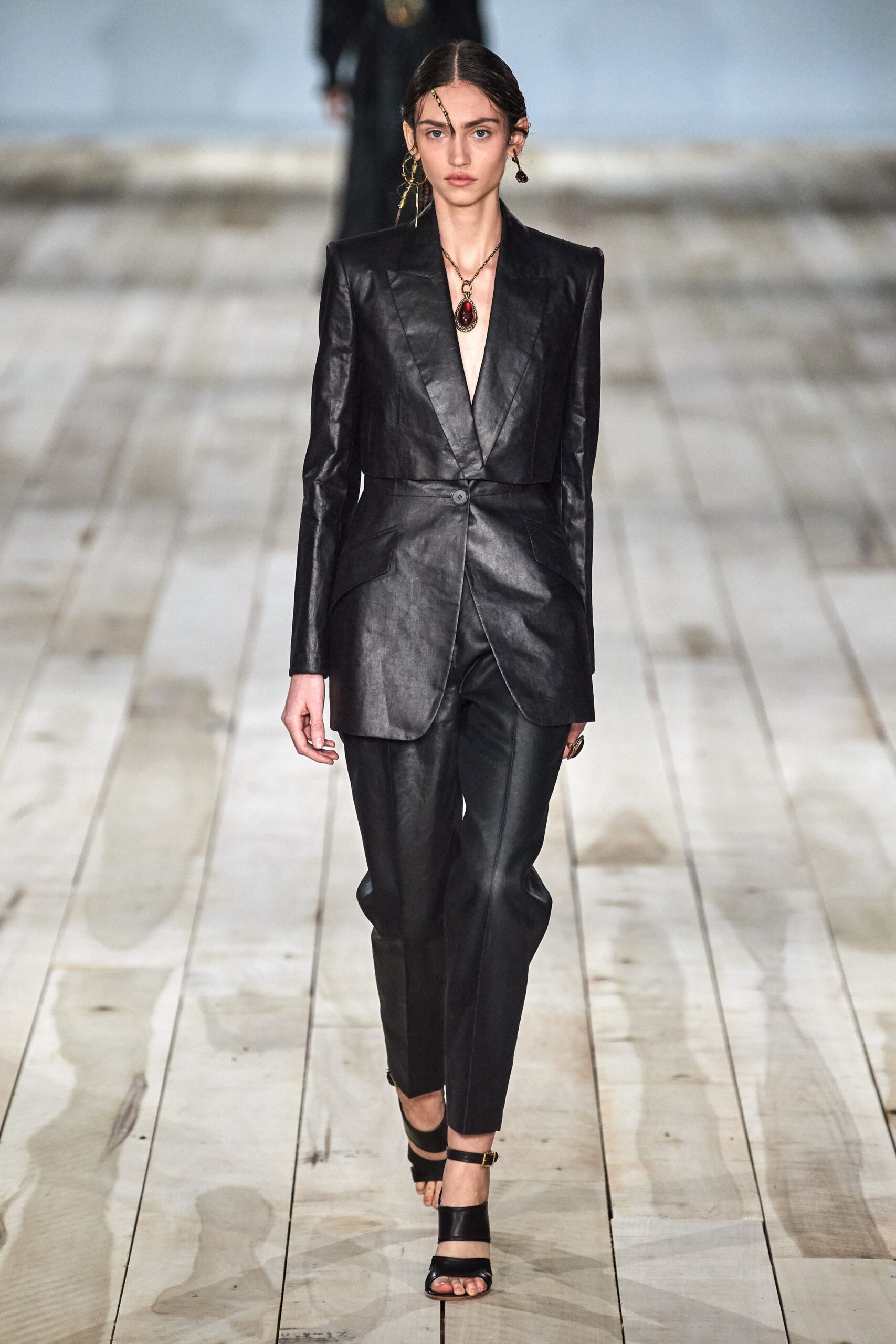 black leather fitted blazer and pants