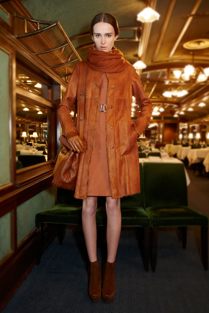 orange leather sleeveless collared fitted a-line mini dress
