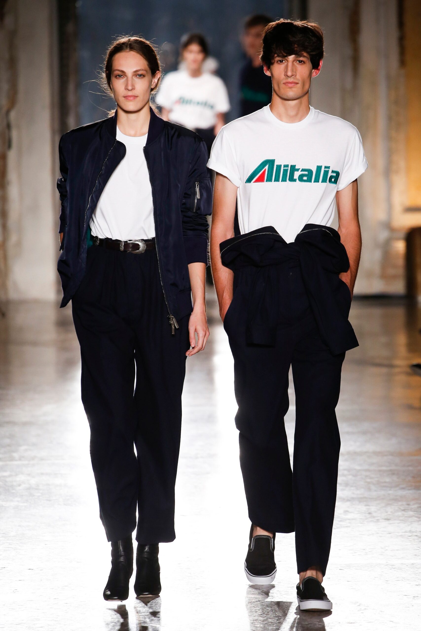navy jacket with white t-shirt