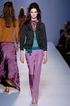 black blazer teal top purple pants