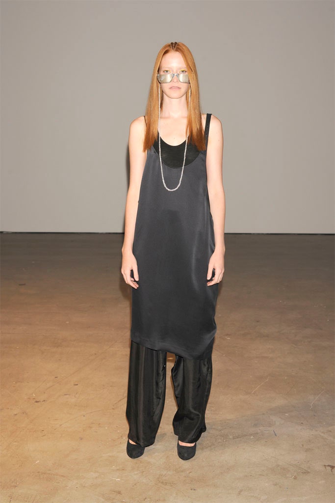 black silk midi dress with relaxed pants