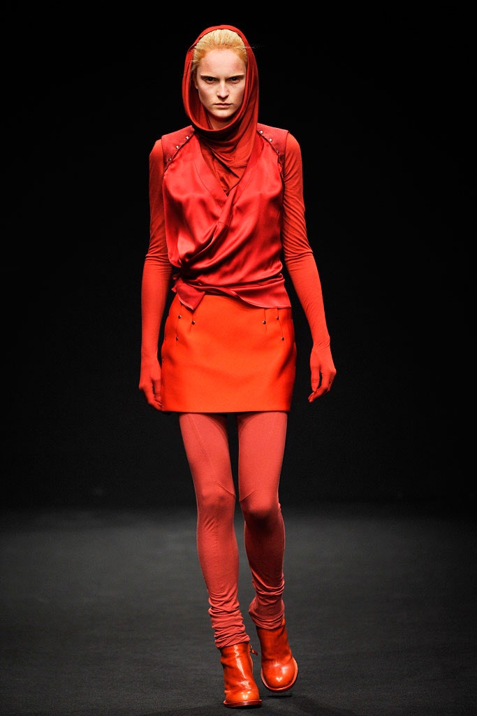 red cotton long-sleeve hooded fitted draped zippered dress